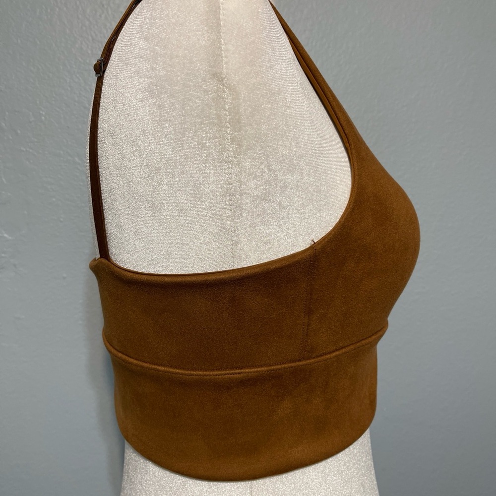 Spanx Faux Suede Crop Top Caramel Brown‎ Longline Square Neck Size Large - Picture 2 of 14
